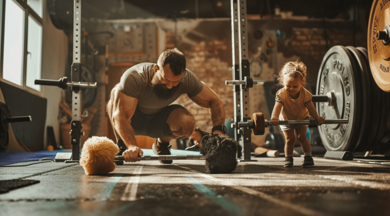 man working out with his child